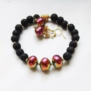 GIFT SET! Magenta Rose Gold + Lava Rock Beads ~ Vibrant Bold Bracelet + Earrings